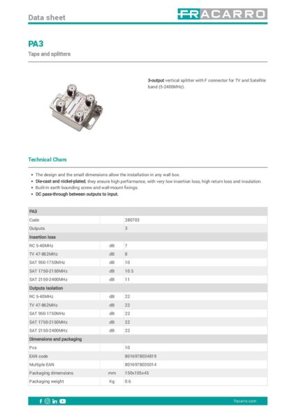 Tehnicni list delilnik signala Fracarro PA3 pdf