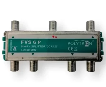 6-vejni delilnik signala Polytron FVS 6 P za delitev kabelskih, satelitskih, radijskih in internetnih frekvenc.
