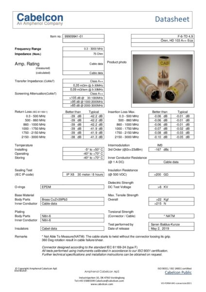 Kompresijski konektor CABELCON F 6 TD 4.9 pdf