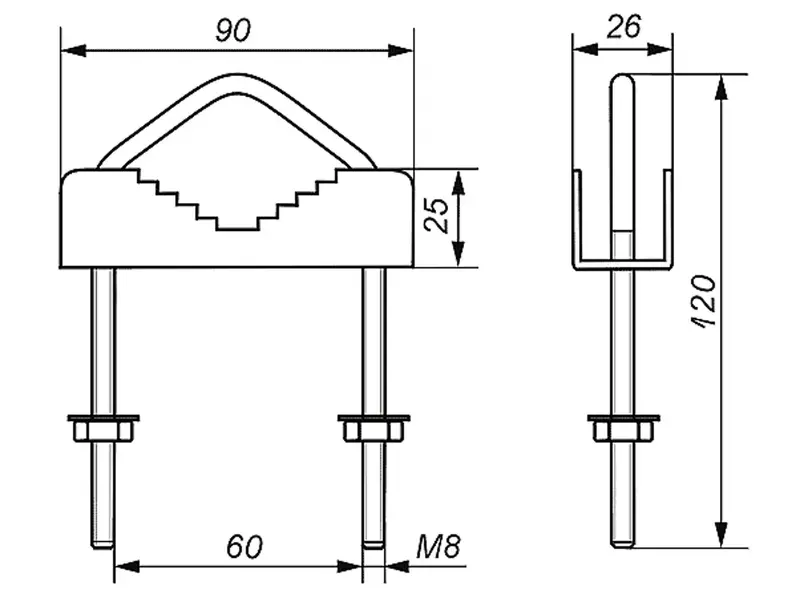 U-cevna objemka OZ-60 M8-dimenzije v mm